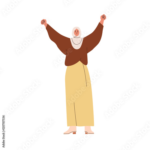 Muslim woman in hijab with fists raised. Smiling Arab female with arms up, celebration hand gesture, triumph expression, excited emotion. Flat vector illustration isolated on white background