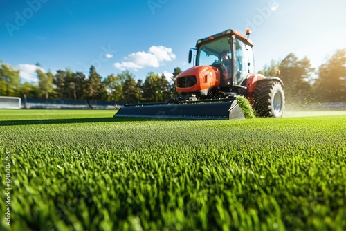 A professional landscaping machine cutting grass on a sports field. photo