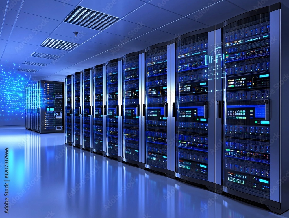 A modern server room with glowing blue lights and icons of data sharing floating in the air A modern server room with glowing blue lights and icons of data sharing floating in the air