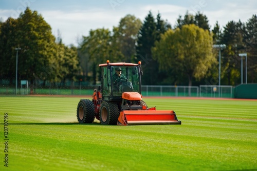 A professional landscaping machine cutting grass on a sports field. photo