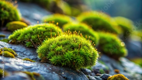 Close-up shot of delicate, intricately patterned moss growths on a smooth rock surface, moss growth, algae, bryophyte photo