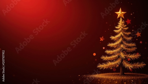 A Christmas tree with a star on top is surrounded by a red background