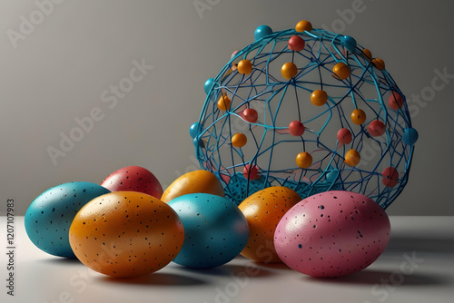 colorful easter eggs with a model of network protocol, easter day combination with tech industry