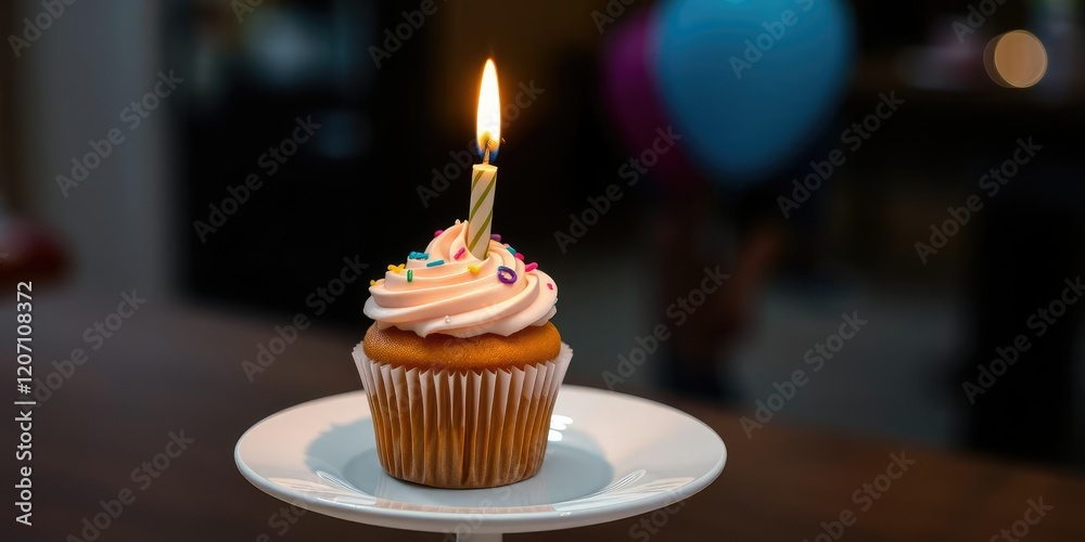 Birthday cupcake with lit candle on a tiered serving stand or display, cupcake, display, festive Birthday cupcake with lit candle on a tiered serving stand or display, cupcake, display, festive