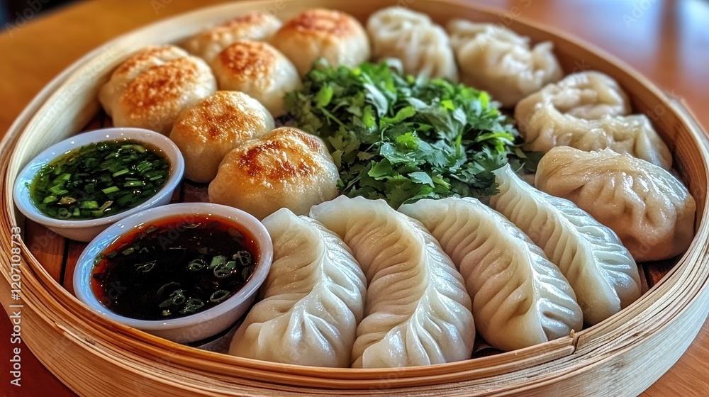 An inviting image of a platter of assorted dim sum, including bao buns, siu mai, and har gow, served with dipping sauces and garnished with fresh herbs. An inviting image of a platter of assorted dim sum, including bao buns, siu mai, and har gow, served with dipping sauces and garnished with fresh herbs.