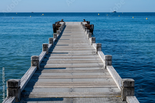 Morning view on crystal clear blue water of Plage du Debarquement white sandy beach near Cavalaire-sur-Mer and La Croix-Valmer, summer vacation on French Riviera, Var, France photo