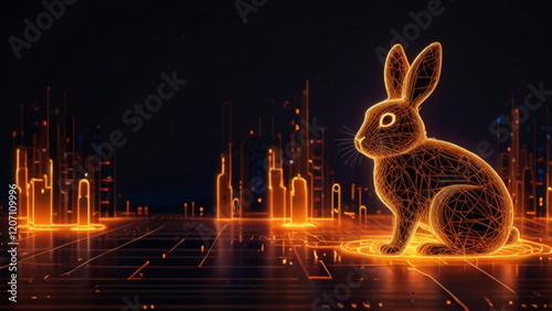 spark lighting easter bunny with digital city network design art , unique copy space for ester day egg hunting rabbit with modern technology and festive combination