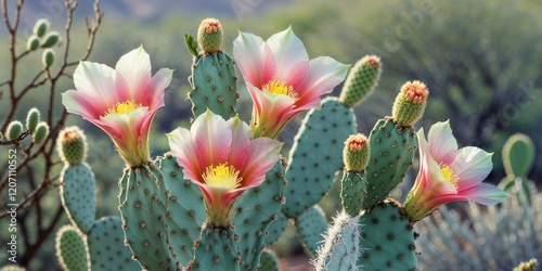 Vibrant Claret Cup Cactus Flowers Blossoming in Desert Landscape with Lush Greenery and Budding Blooms.