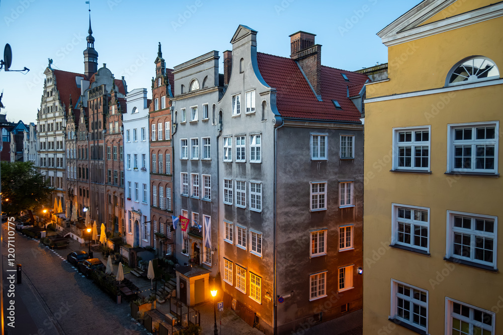 Fototapeta premium Colorful facades and buildings in old central part of Gdansk city, Poland in sunny day