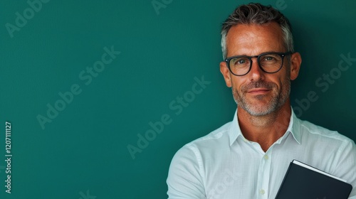 Confident Mature Man Holding Notebook in Smart Casual Attire Against Dark Green Background