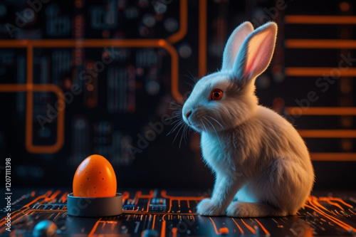 cute bunny sitting and waiting for lighting an easter egg bulb on modern electronic circuit , mind blowing art combine easter day with tech and future imagine