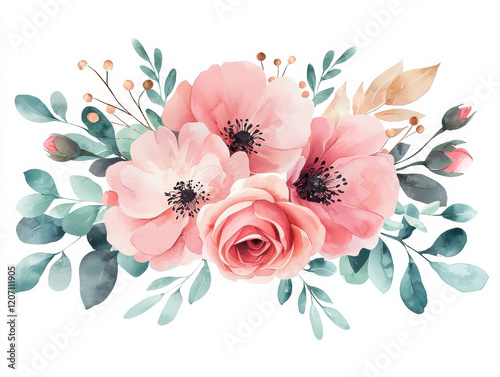 Delicate watercolor pink roses and blossoms with green leaves on white background, isolated design