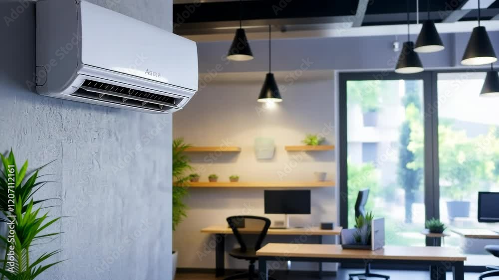 White air conditioner is mounted on the wall. The room is well lit and has a few potted plants
