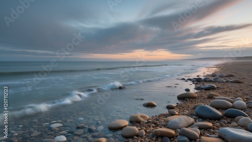 Pebble beach shoreline captures the essence of nature with rounded stones and gentle waves under a cloudy sky at dusk.