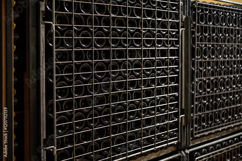 Second fermentation in bottles, traditional method of production of cremant sparkling wine in south part of Luxembourg country on bank of Moezel, Mosel river. photo