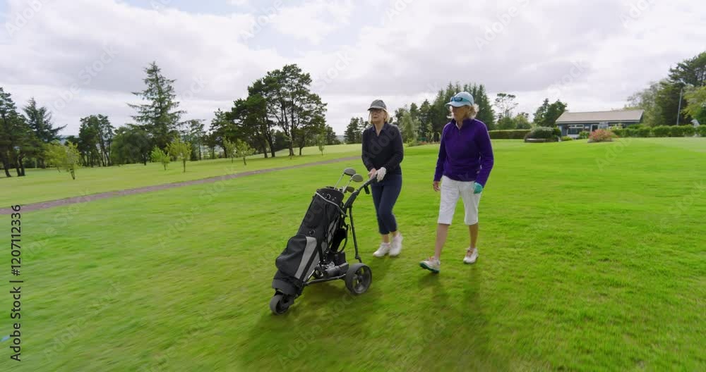 Female golf players walking with clubs and talking on golf course on cloudy day Female golf players walking with clubs and talking on golf course on cloudy day