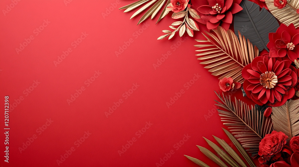 Obraz premium Composición decorativa con flores y hojas rojas y doradas sobre fondo rojo, ideal para felicitaciones de Año Nuevo Chino