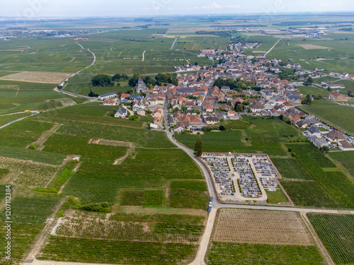 Aerial view on green grand cru vineyards near Oger and Mesnil-sur-Oger, region Champagne, France. Cultivation of white chardonnay wine grape on chalky soils of Cote des Blancs