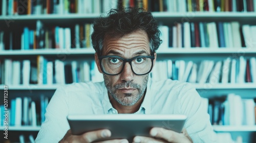 Focused man holding tablet in library looking at camera with intense expression, bookshelves in background