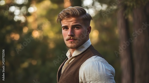 18th century man smiling wearing vintage attire at outdoor park 