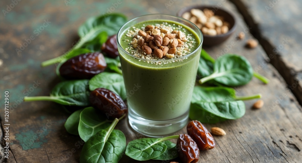 Delicious Green Smoothie with Spinach and Dates in Glass Cup with Nut Toping on Rustic Table for Healthy Vegan Diet with Fresh Ingredients and High Nutrition Delicious Green Smoothie with Spinach and Dates in Glass Cup with Nut Toping on Rustic Table for Healthy Vegan Diet with Fresh Ingredients and High Nutrition