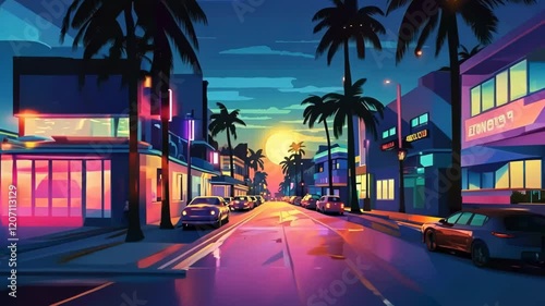 Futuristic miami cityscape illuminated at dusk, with vintage cars driving along a neon lit street flanked by palm trees, creating a lively and nostalgic 1980s ambiance