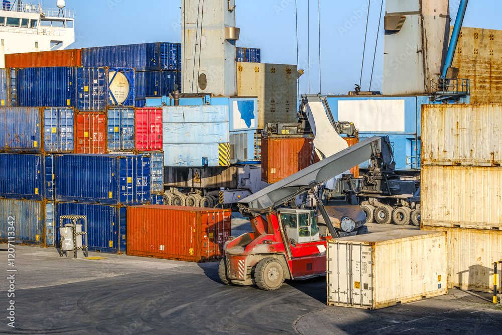 Reach stackers and cranes move containers near bulk carrier on sunny
