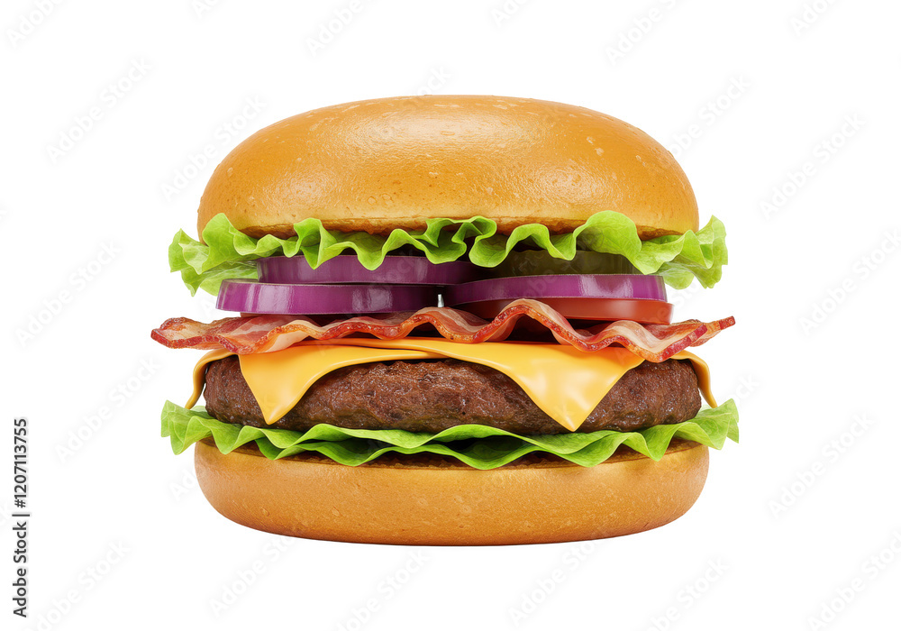 A delicious gourmet burger with layers of lettuce, red onions, melted cheese, crispy bacon, and a juicy patty, sandwiched in a golden bun, isolated on a white background A delicious gourmet burger with layers of lettuce, red onions, melted cheese, crispy bacon, and a juicy patty, sandwiched in a golden bun, isolated on a white background