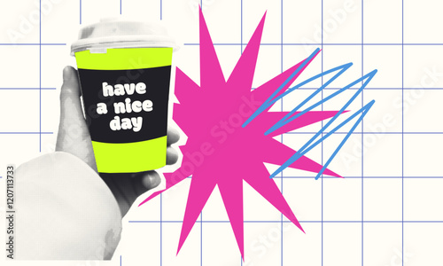 Halftone Coffee Cup with Positive Message in abstract grid background