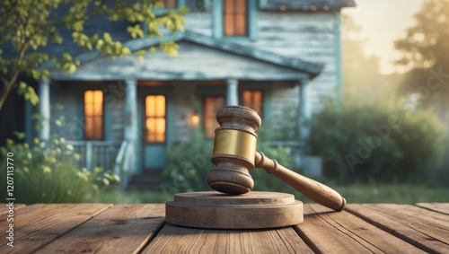 Wooden gavel on a table in front of a house. photo