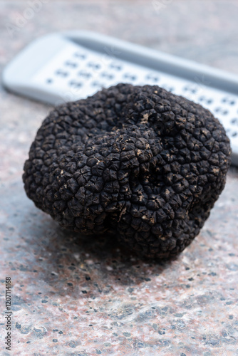 Delicious mushrooms, fresh black summer truffle mushroom and grater for making truffle dishes with tasty aroma photo