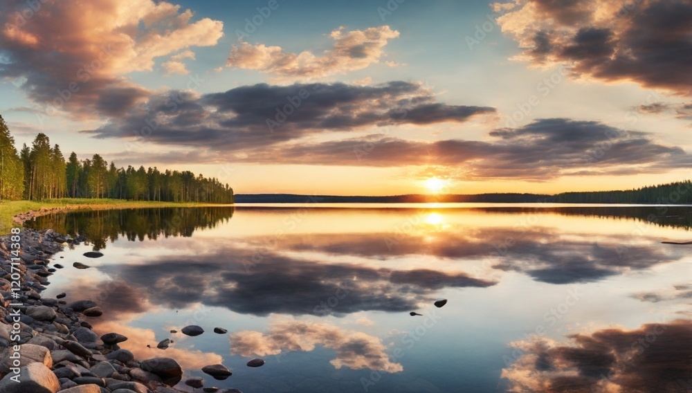 Fototapeta premium Lake at sunset panorama. Panorama of lake at sunset with reflection in Finland 