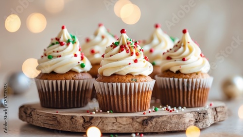 Festive Cupcakes on Wooden Stand for Holiday Decor photo