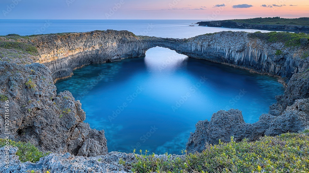 Fototapeta premium A tranquil volcanic island surrounded by glowing turquoise seas. Radiant rivers of molten silver carve intricate paths through bioluminescent forests, and the island’s cliffs sparkle with embedded 