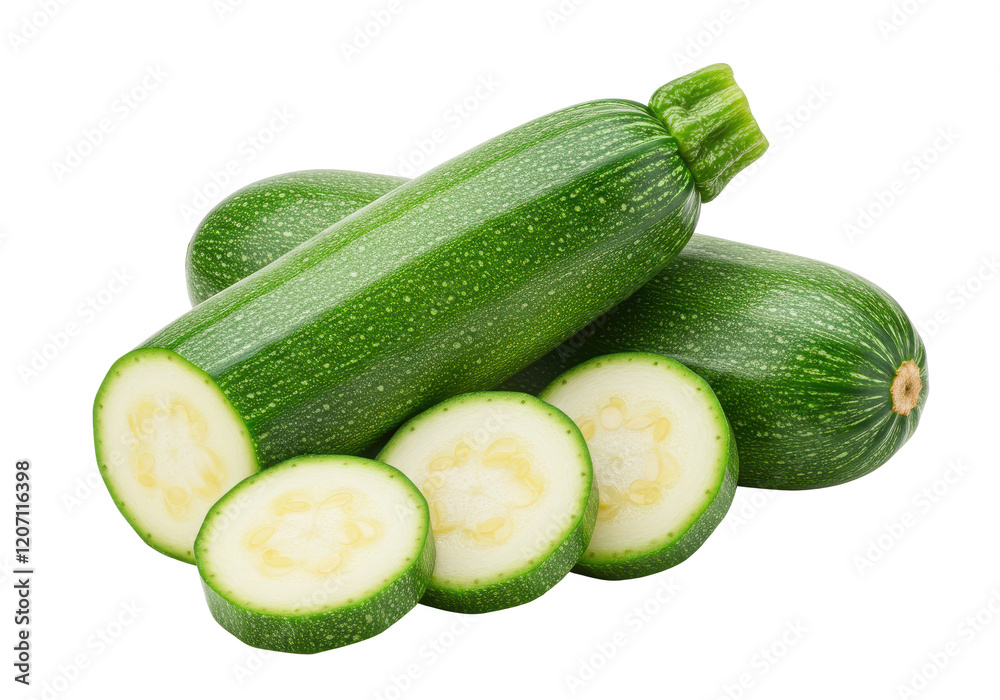 Two fresh green zucchini s stacked with a few slices cut and placed in front, showing the interior texture, isolated on a white background Two fresh green zucchini s stacked with a few slices cut and placed in front, showing the interior texture, isolated on a white background