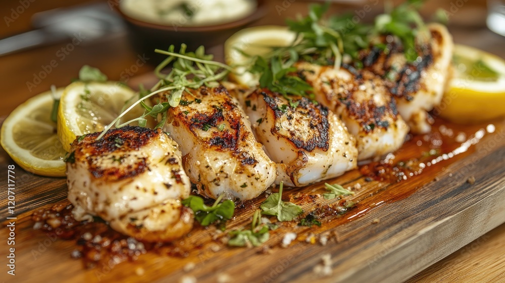A close-up of grilled squid served on a rustic wooden board, with a side of garlic aioli and a garnish of fresh lemon slices and herbs. A close-up of grilled squid served on a rustic wooden board, with a side of garlic aioli and a garnish of fresh lemon slices and herbs.