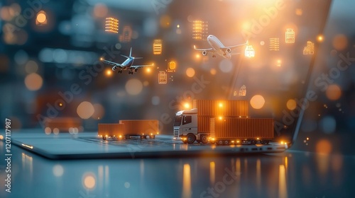 Dynamic logistics operations featuring cargo ships airplanes and trucks at a busy dock modern technology hub urban environment aerial perspective for supply chain efficiency