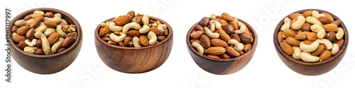 Assorted healthy nuts like almonds peanuts cashews walnuts hazelnuts pistachios pecans and brazil nuts displayed in wooden bowls on a table with a flat lay top view photo