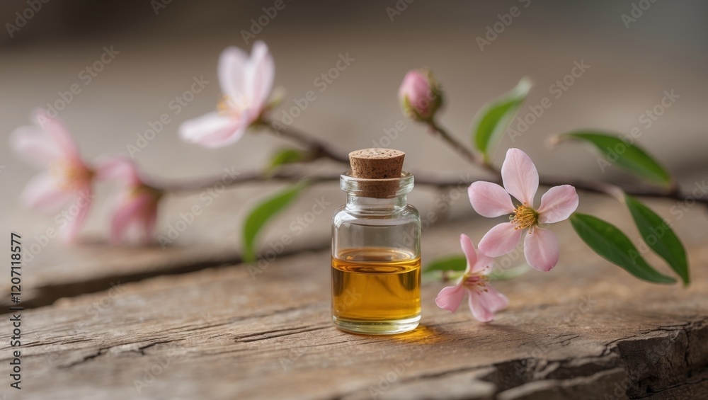 natural extract essential oil with pink blossom on wooden surface. natural extract essential oil with pink blossom on wooden surface.