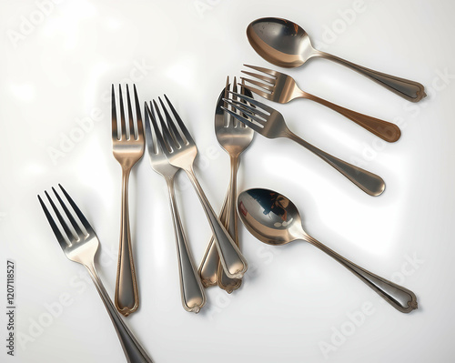 A table with a mix of silver salad forks and soup spoons placed diagonally. Generative AI photo