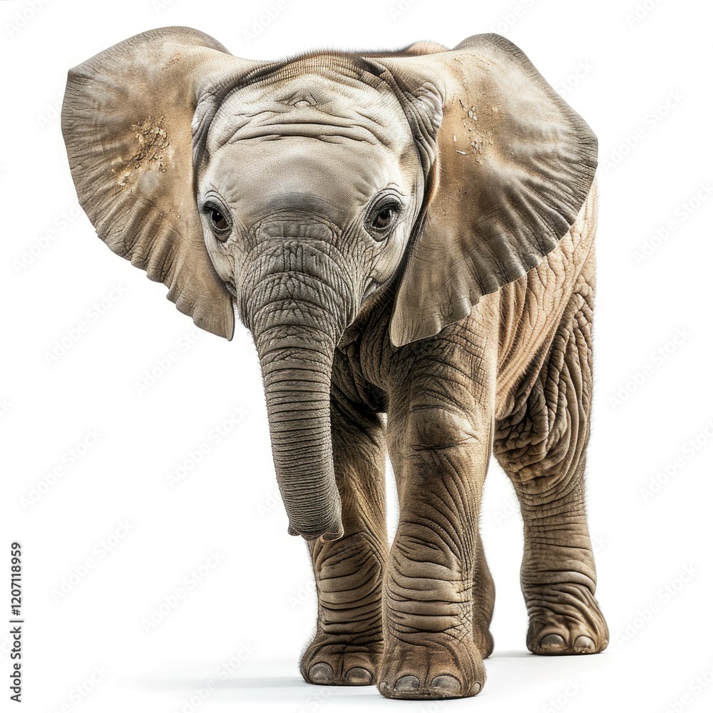 Fototapeta premium A young elephant stands playfully, showcasing its large ears and textured skin.