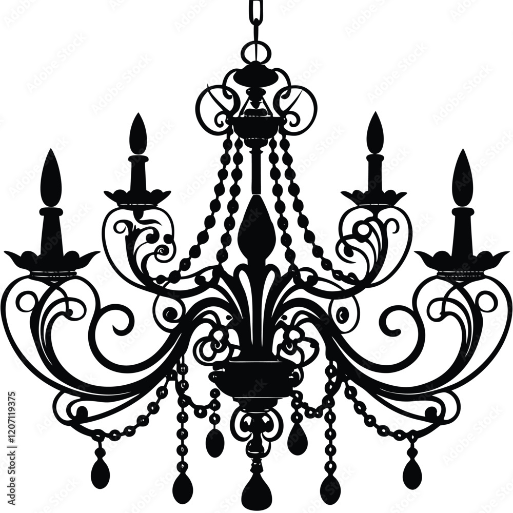 A vector silhouette of a classic hanging chandelier featuring multiple curved arms extending outward symmetrically, A vector silhouette of a classic hanging chandelier featuring multiple curved arms extending outward symmetrically,