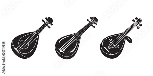 Set of Veena silhouette, black and white silhouette, vector and illustration
