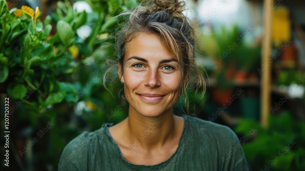 Smiling Woman Surrounded by Lush Greenery in Bright Natural Light with Vibrant Plants in Background Smiling Woman Surrounded by Lush Greenery in Bright Natural Light with Vibrant Plants in Background