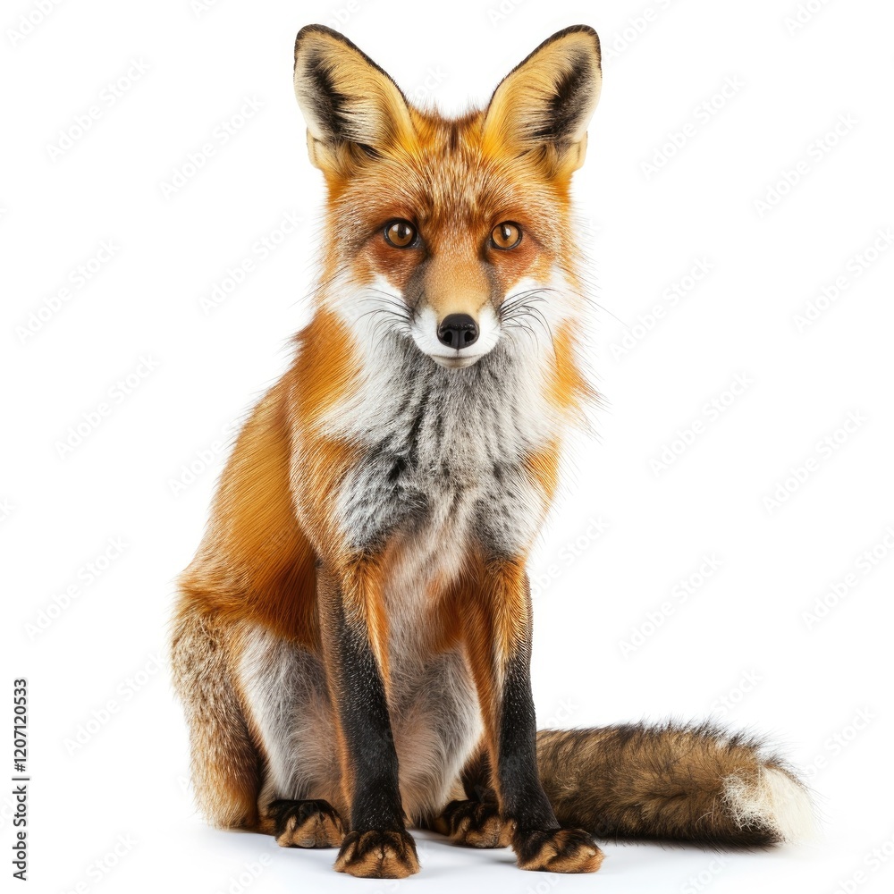 Obraz premium A realistic fox sitting gracefully with a bushy tail and vibrant fur.