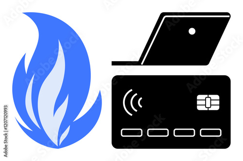 Blue flame, chip credit card, and open laptop emphasizing security, tech advancements, and online transactions. Ideal for finance, technology, cybersecurity, online shopping digital payments