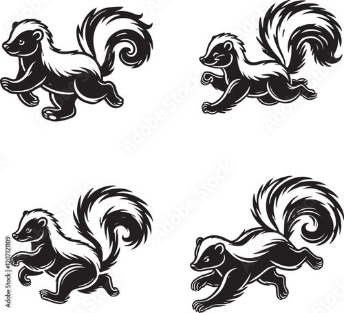 Monochrome Vector Silhouettes of a Running Skunk Isolated on a White Background"