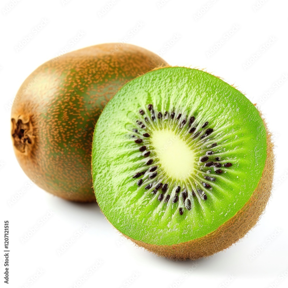 kiwi fruit, one whole and one sliced, showcasing vibrant green flesh and black seeds. kiwi fruit, one whole and one sliced, showcasing vibrant green flesh and black seeds.