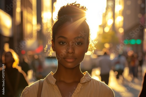 A beautiful young American African woman stands in the center of an urban street, wearing casual attire, bathed in golden sunlight as she looks directly at the camera photo