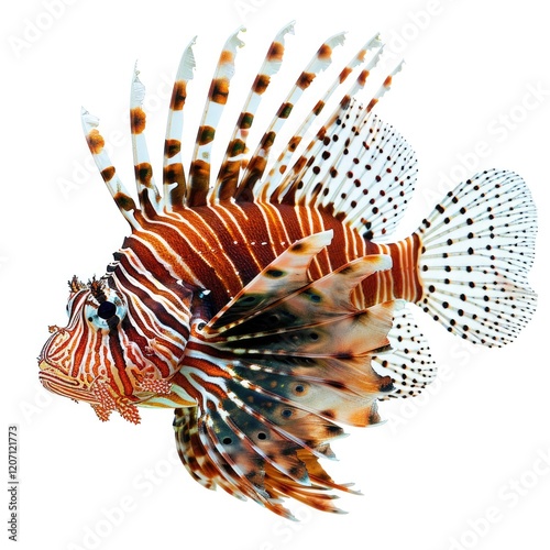 lionfish with striking patterns and long fins swimming gracefully. photo